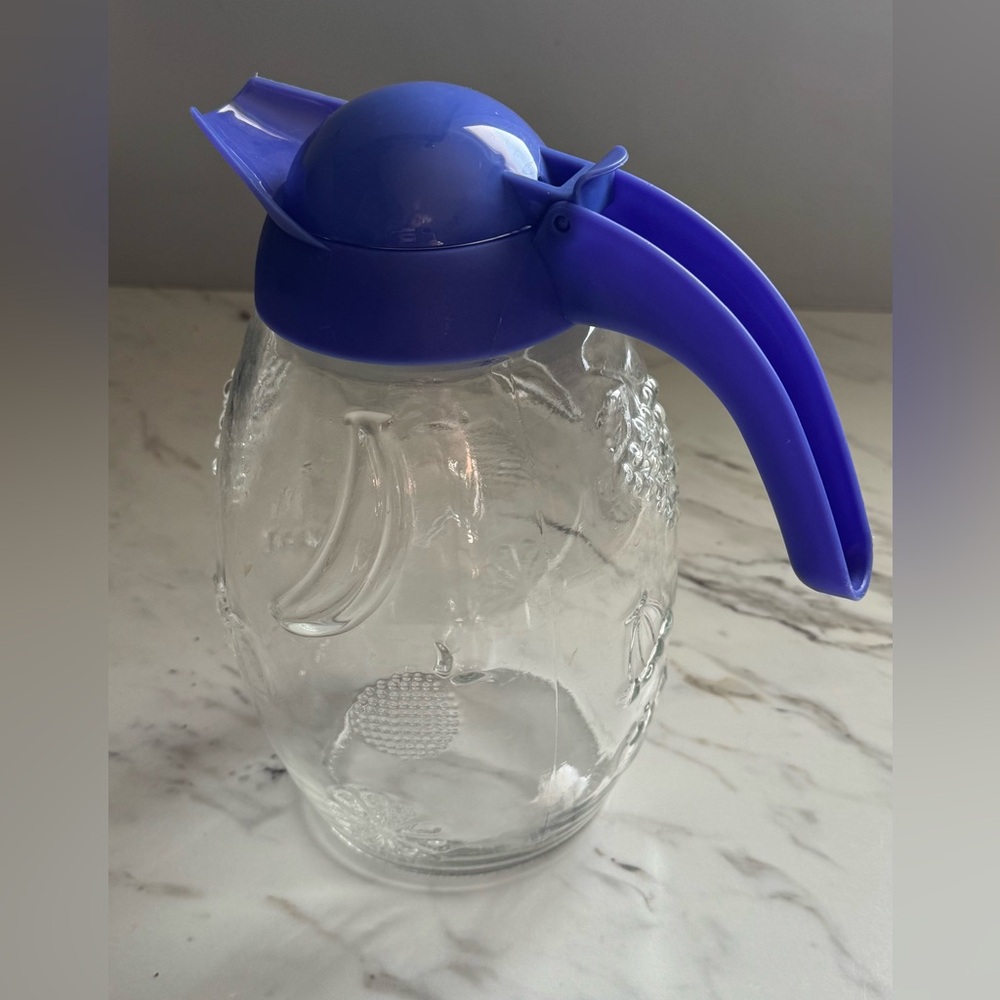 Vintage Embossed Glass Juice Carafe Solmaz Mercan Blue Purple Plastic Lid Italy